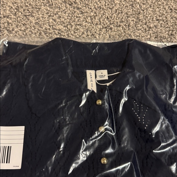 Janie and Jack Navy Puff Sleeve Pointelle Sweater Polo - Picture 4 of 4